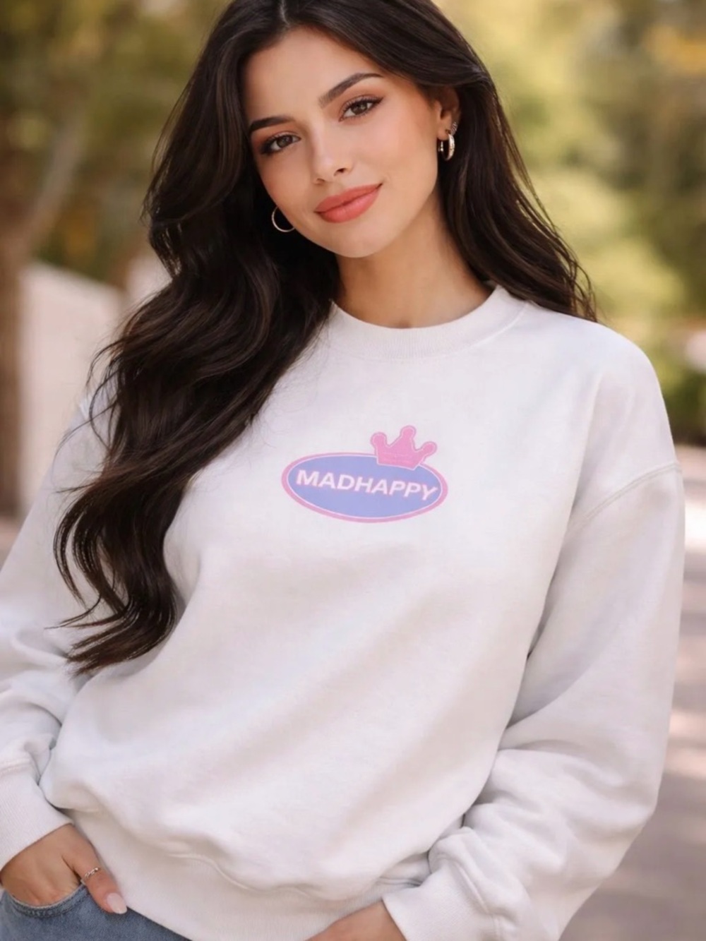 MADHAPPY White Crewneck Sweatshirt with Pink Logo